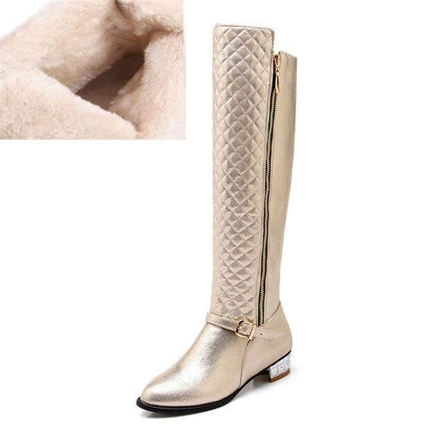 Dames Kniehoge Laarzen Vierkante Hak PU-Leer Ritssluiting Pluchevoering Warm Gevoerd Winterschoenen Dames | Sansoti