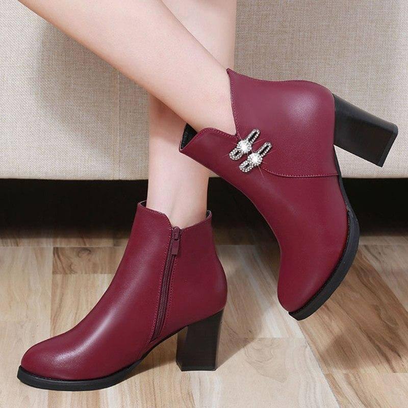 Bottines à talon bloc et détail en cristal pour femme, fermeture éclair, semelle compensée, doublure courte en peluche, semelle en caoutchouc, hiver | Sansoti