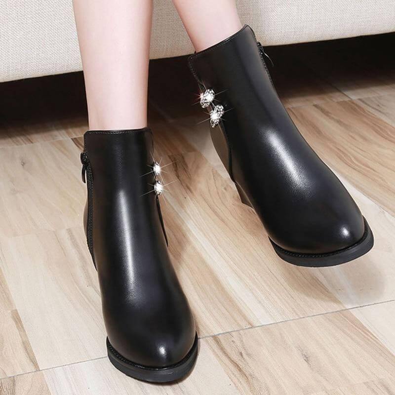 Bottines à talon bloc et détail en cristal pour femme, fermeture éclair, semelle compensée, doublure courte en peluche, semelle en caoutchouc, hiver | Sansoti