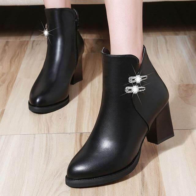Bottines à talon bloc et détail en cristal pour femme, fermeture éclair, semelle compensée, doublure courte en peluche, semelle en caoutchouc, hiver | Sansoti