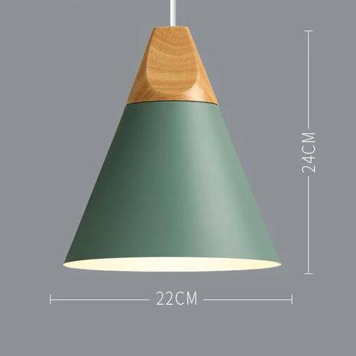 Skandynawska drewniano-metalowa lampa wisząca w stylu nordyckim, z kolorowym aluminiowym kloszem stożkowym lub kopułowym, z regulowanym przewodem | Sansoti