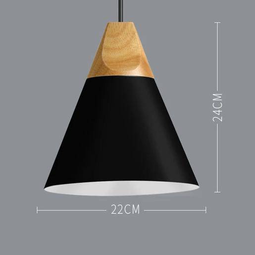 Skandynawska drewniano-metalowa lampa wisząca w stylu nordyckim, z kolorowym aluminiowym kloszem stożkowym lub kopułowym, z regulowanym przewodem | Sansoti