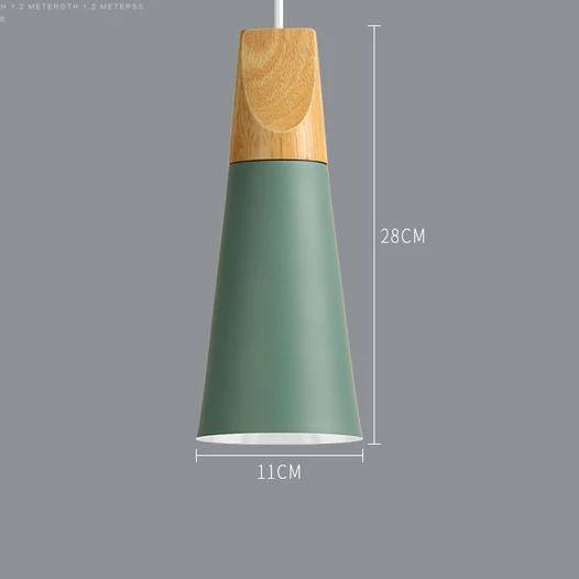 Skandynawska drewniano-metalowa lampa wisząca w stylu nordyckim, z kolorowym aluminiowym kloszem stożkowym lub kopułowym, z regulowanym przewodem | Sansoti