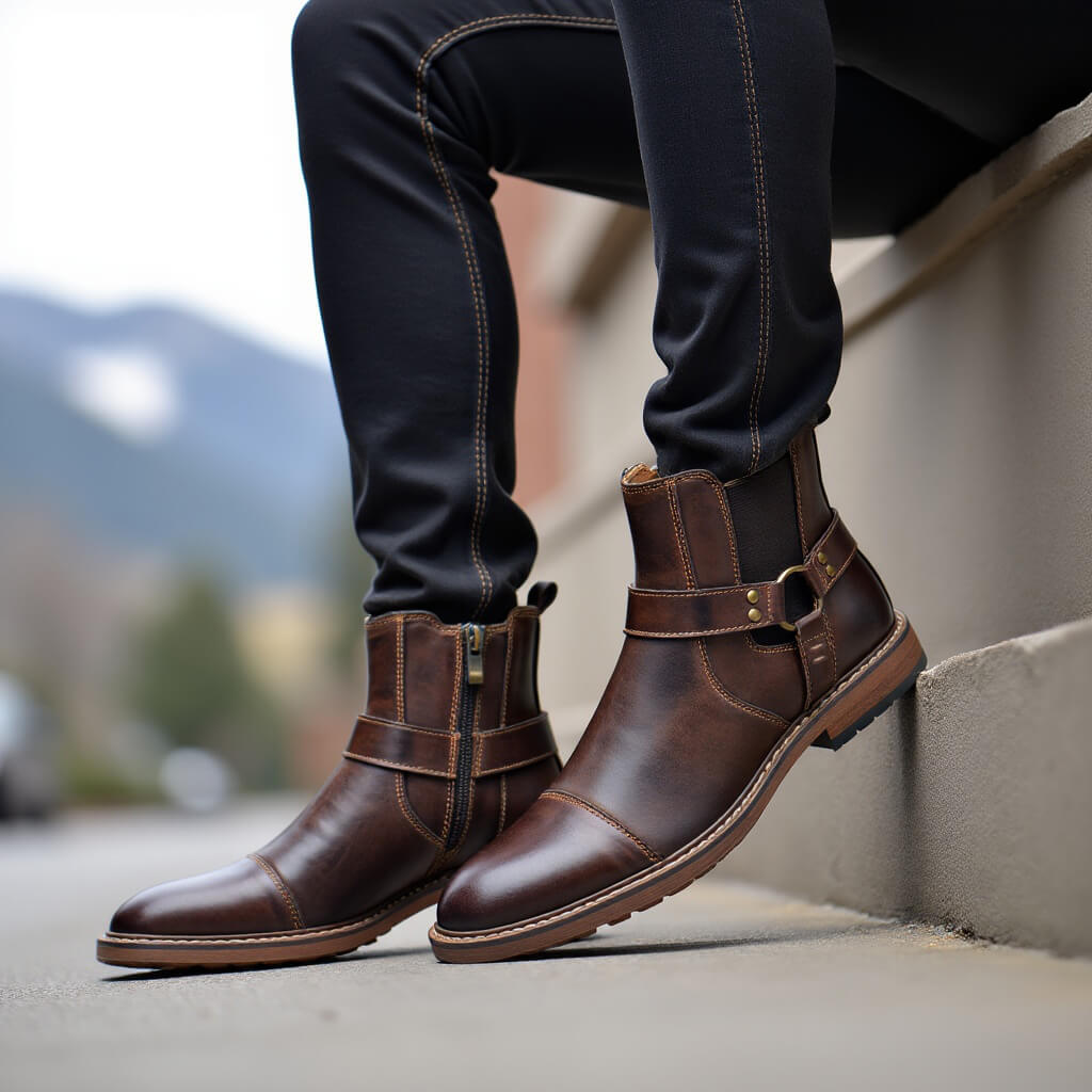 Men's Leather Boots Moto Style Cognac Brown Ankle-High Vintage Look Comfortable Durable Leather | Sansoti