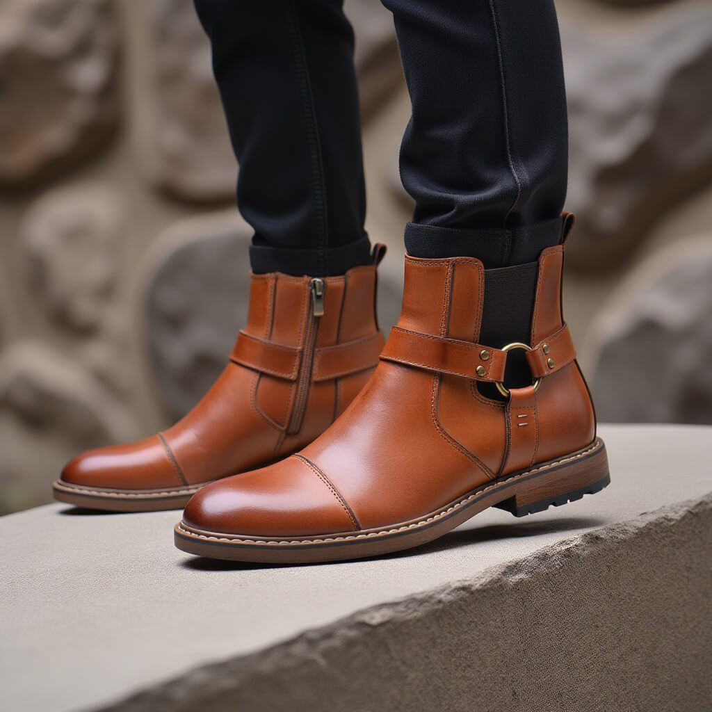 Men's Leather Boots Moto Style Cognac Brown Ankle-High Vintage Look Comfortable Durable Leather | Sansoti