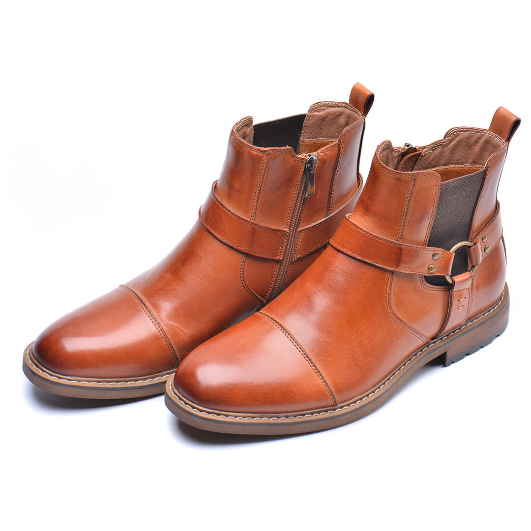 Men's Leather Boots Moto Style Cognac Brown Ankle-High Vintage Look Comfortable Durable Leather | Sansoti