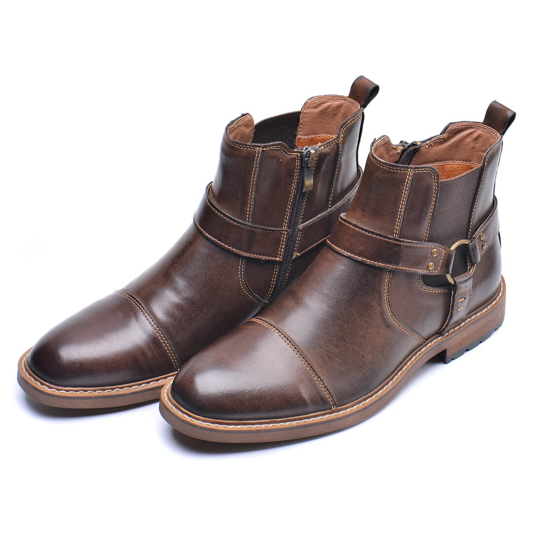Men's Leather Boots Moto Style Cognac Brown Ankle-High Vintage Look Comfortable Durable Leather | Sansoti