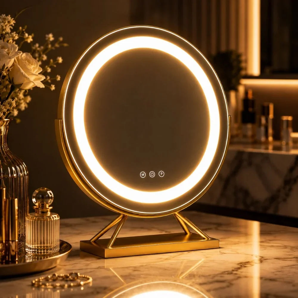 Illuminated Makeup Mirror with Dimmable LED, 15× Magnification, 30 cm Round, 3 Light Modes, 360° Rotating Tabletop Model | Sansoti