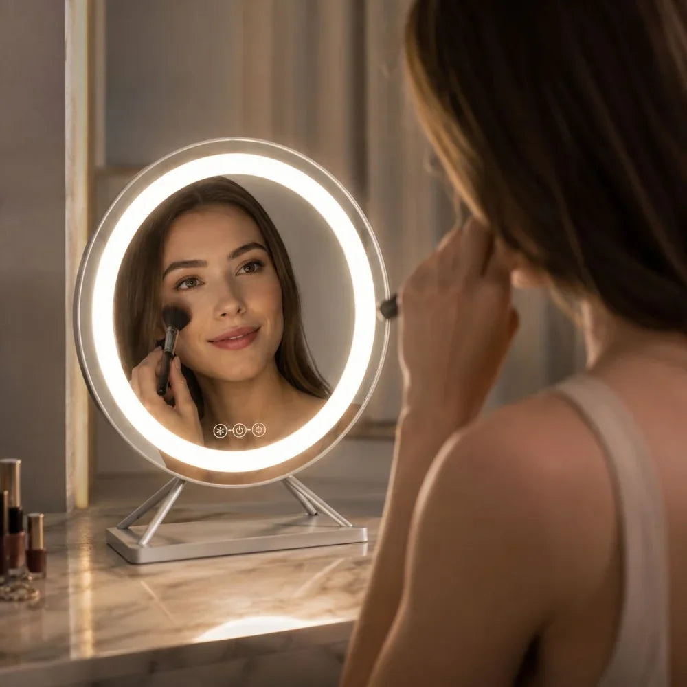 Illuminated Makeup Mirror with Dimmable LED, 15× Magnification, 30 cm Round, 3 Light Modes, 360° Rotating Tabletop Model | Sansoti