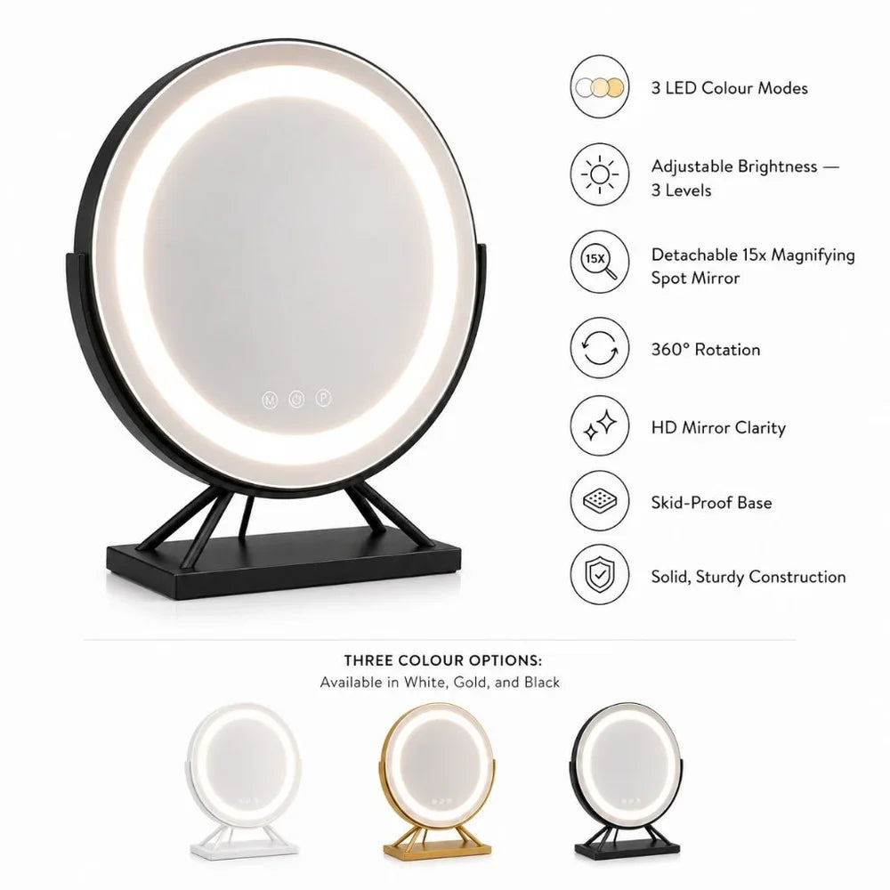 Illuminated Makeup Mirror with Dimmable LED, 15× Magnification, 30 cm Round, 3 Light Modes, 360° Rotating Tabletop Model | Sansoti