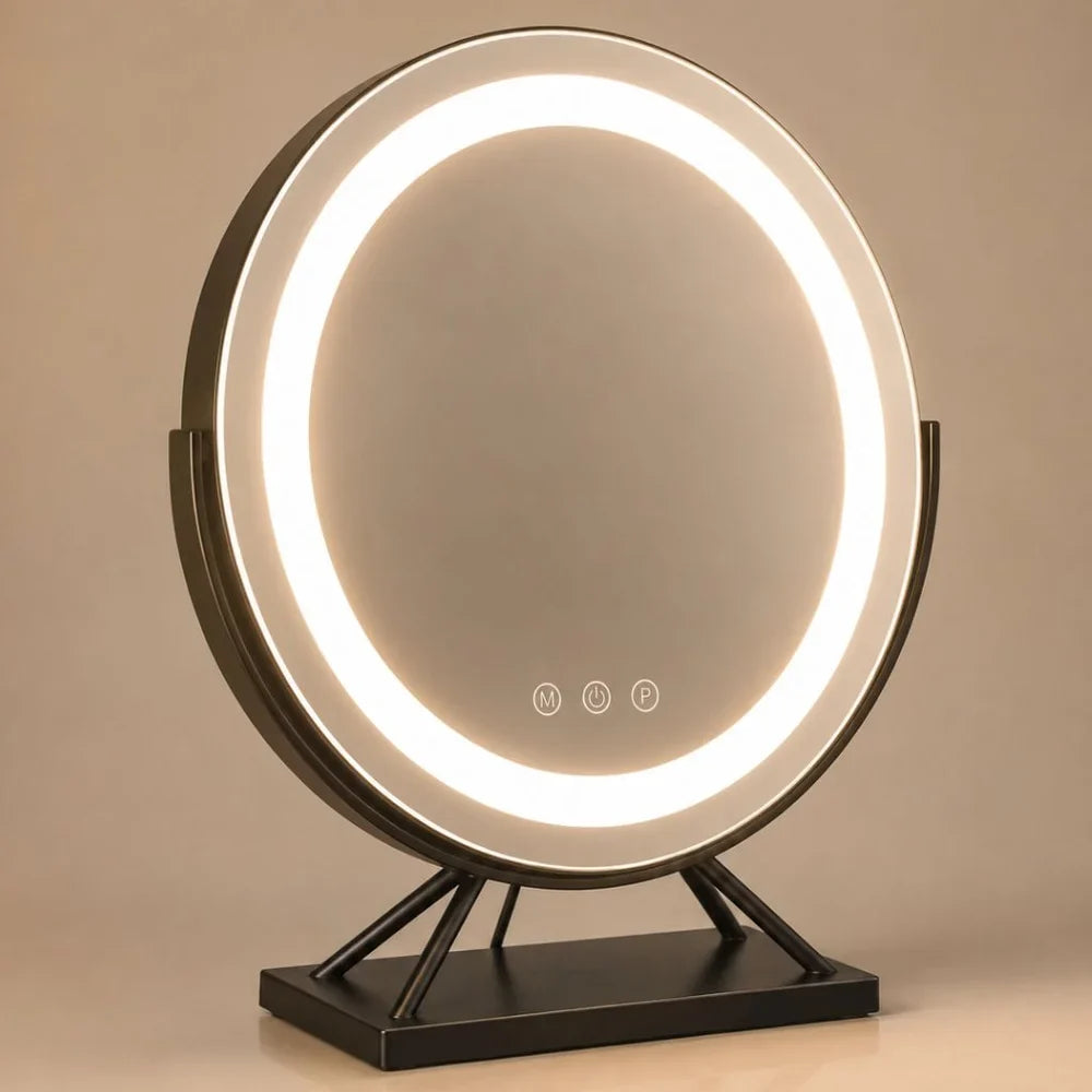 Illuminated Makeup Mirror with Dimmable LED, 15× Magnification, 30 cm Round, 3 Light Modes, 360° Rotating Tabletop Model | Sansoti