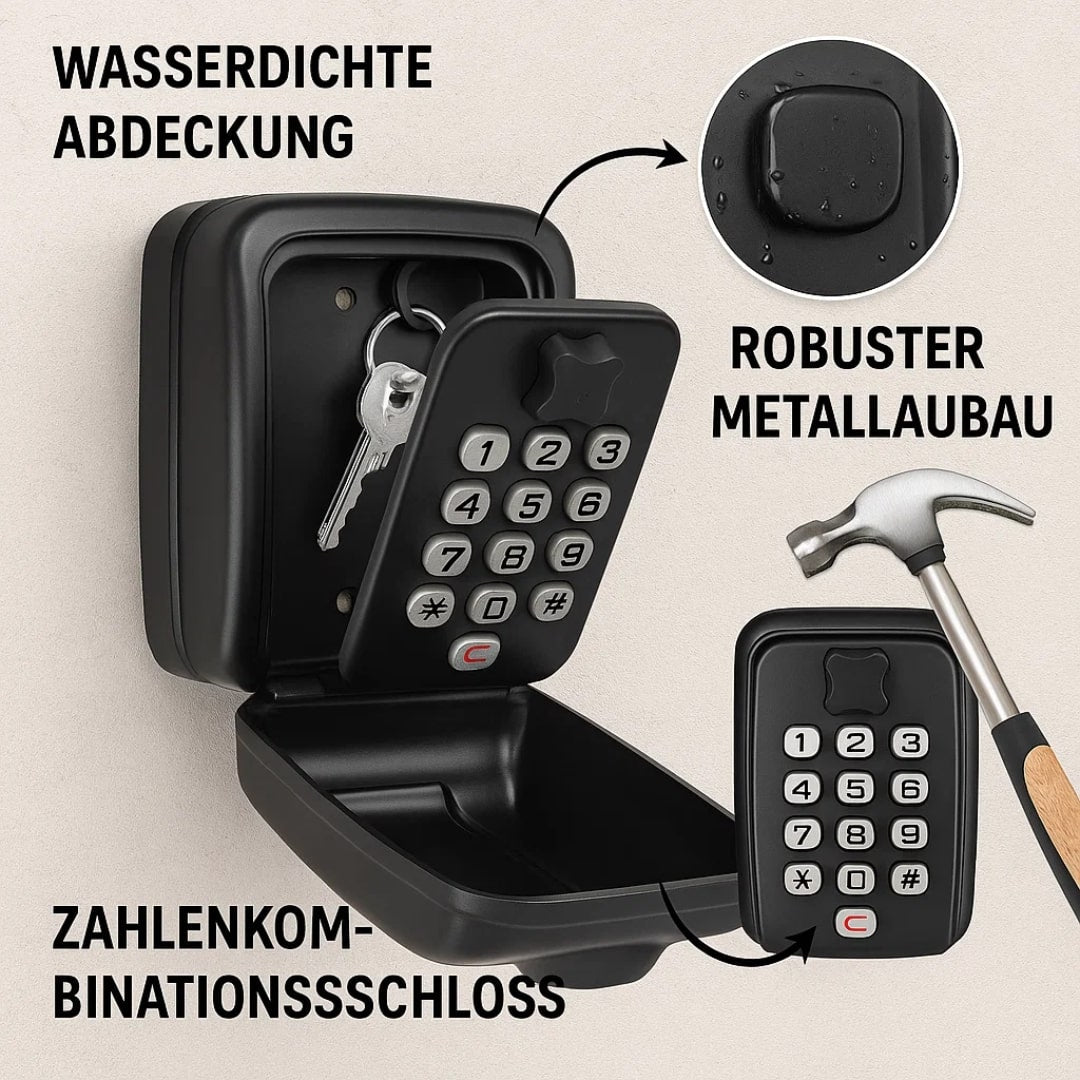 Key Box with Combination Lock, Freely Adjustable Code, Zinc Alloy, Black, 15 x 11 x 9 cm, 0,6 kg, Indoor and Outdoor | Sansoti