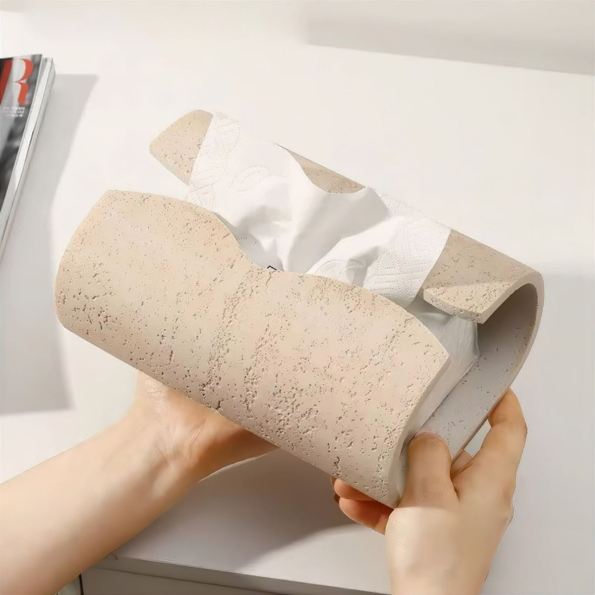 Caja para pañuelos de arenisca cilíndrica, 20cm, para salón y baño | Sansoti