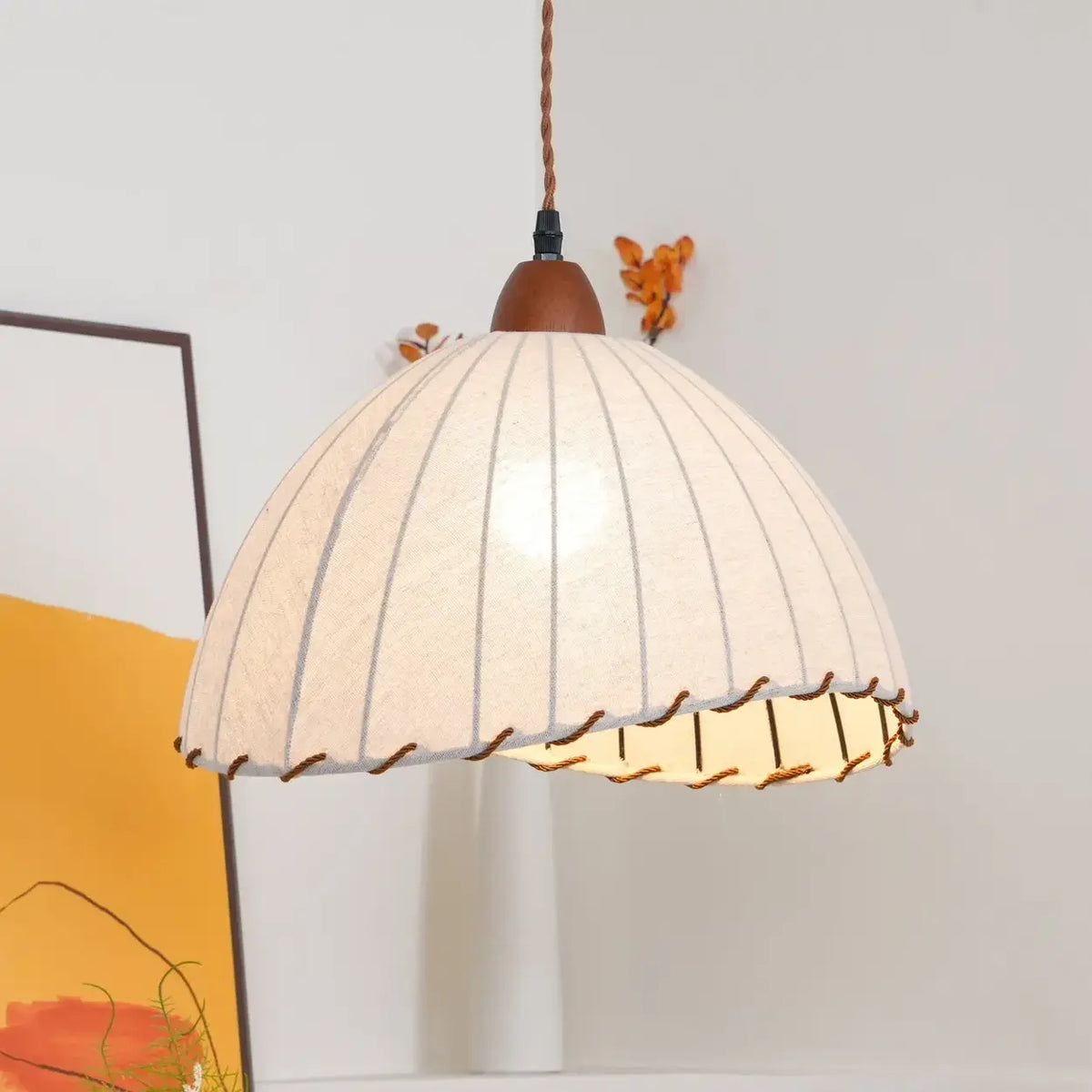 Lámpara colgante wabi-sabi de madera y pantalla de tela blanca escandinava E27 | Sansoti