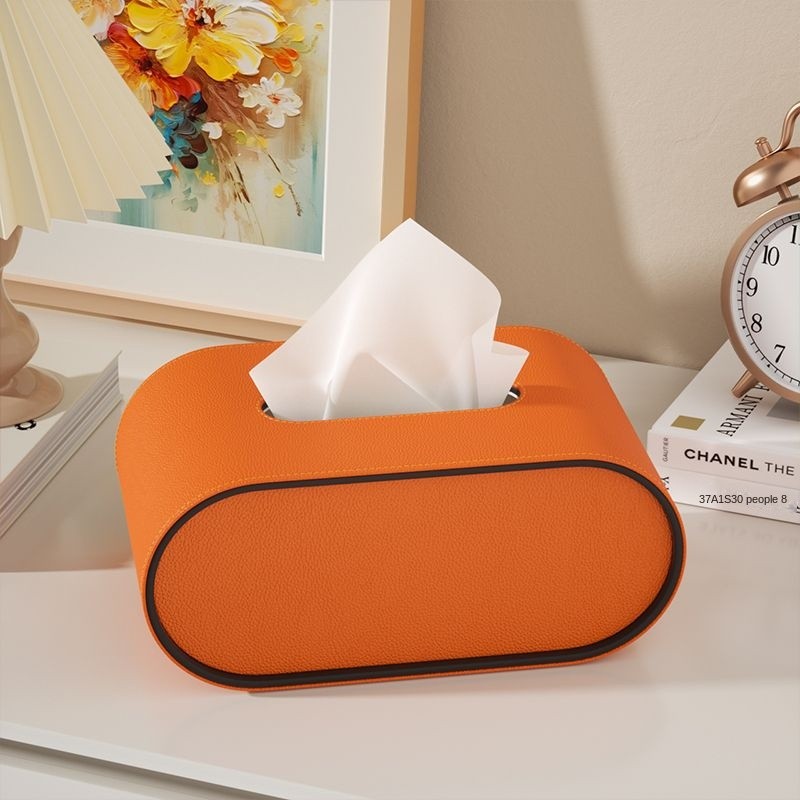 Taschentuchbox Leder Oval 22x13x10cm Wohnzimmer Schreibtisch Nachttisch Luxus Taschentuchhalter Orange Beige Grau Dekoratives Interieur | Sansoti
