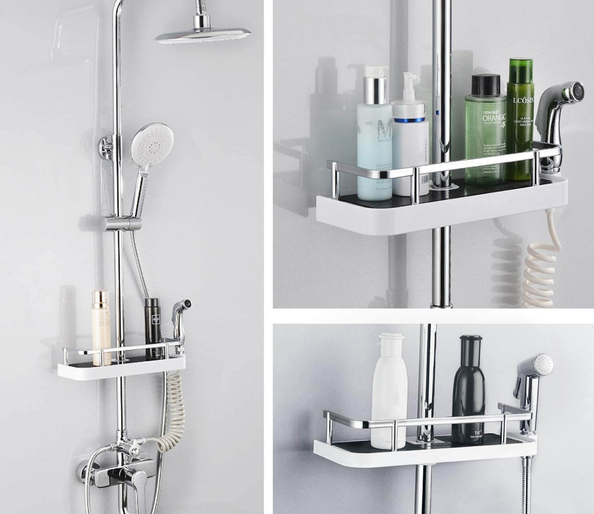 Adjustable shower organizer for shower rod without drilling with hooks and quick water drainage | Sansoti