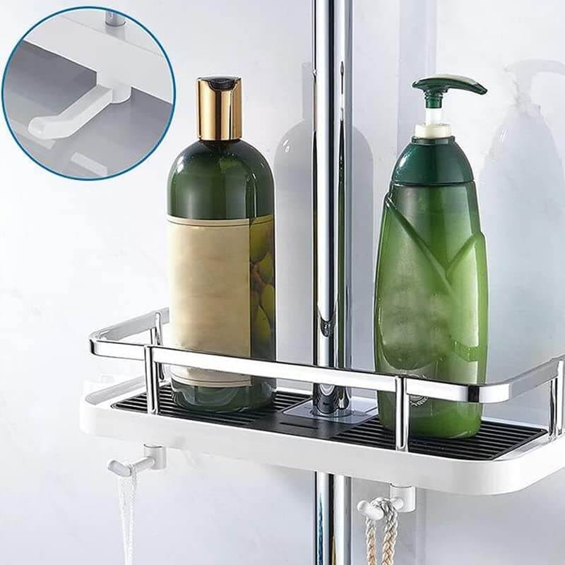 Adjustable shower organizer for shower rod without drilling with hooks and quick water drainage | Sansoti