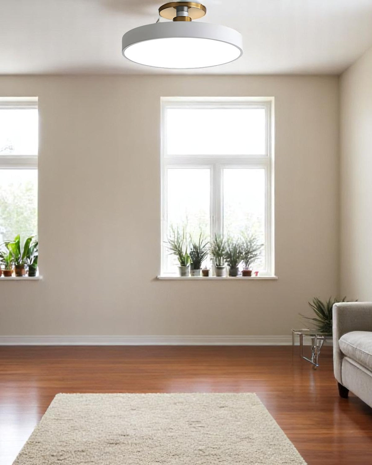 Moderne runde Deckenleuchte mit Golddetail und Acryl-Diffusor – minimalistische Semi-Flush-Designbeleuchtung für Wohn- und Schlafzimmer | Sansoti