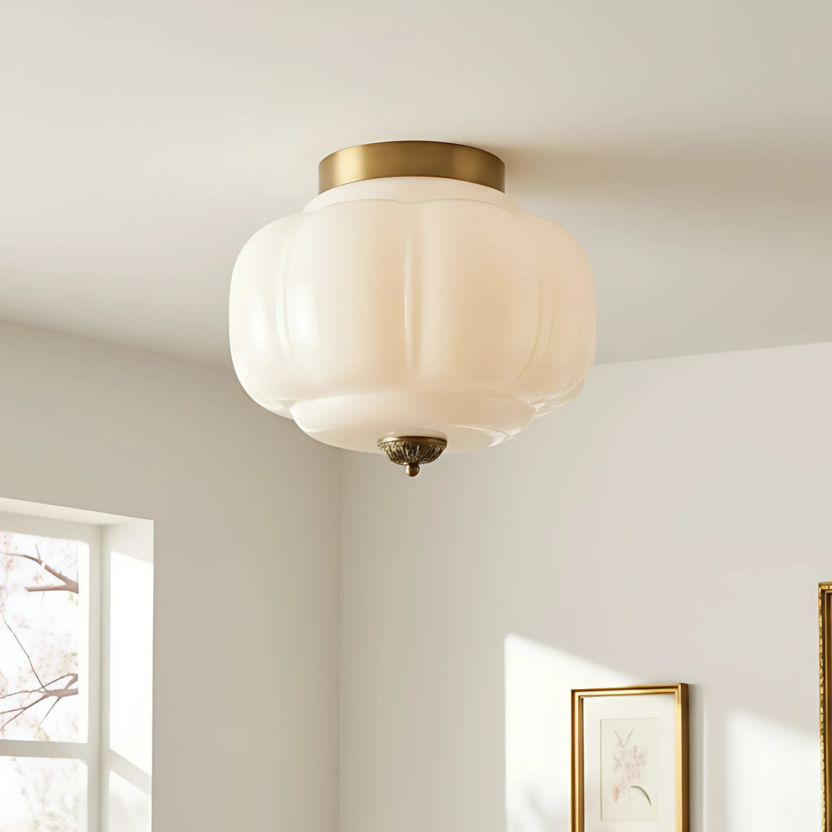 Vintage Semi-Deckenleuchte Milchglas Kürbis Eloise E26 Retro-Deckenbeleuchtung Wohnzimmer | Sansoti