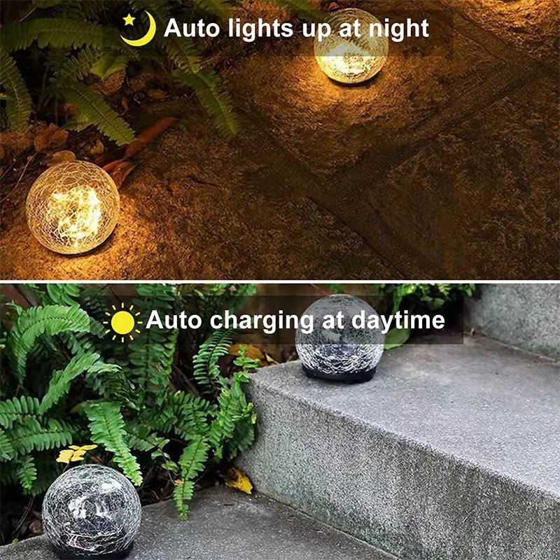 Éclairage boule solaire avec effet verre craquelé pour jardin et terrasse, économe en énergie et résistant aux intempéries avec capteur crépusculaire automatique | Sansoti