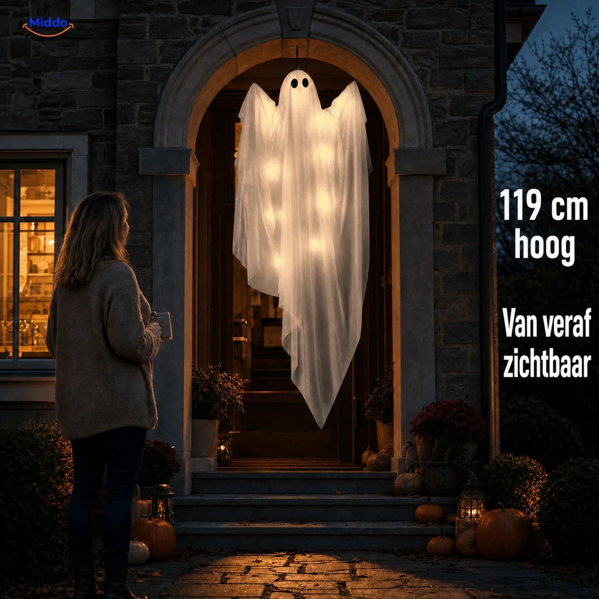 Hangend Halloween Spook 119cm Draperie met LED Verlichting Paars Warmwit Griezelige Decoratie Spookvorm | Sansoti
