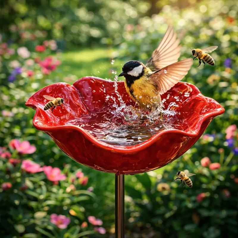 Dekorativer Metall-Gartenspieß mit Vogelbad 60cm – Blumenförmiges Wasserstation für Vögel und Insekten in 7 Farben | Sansoti