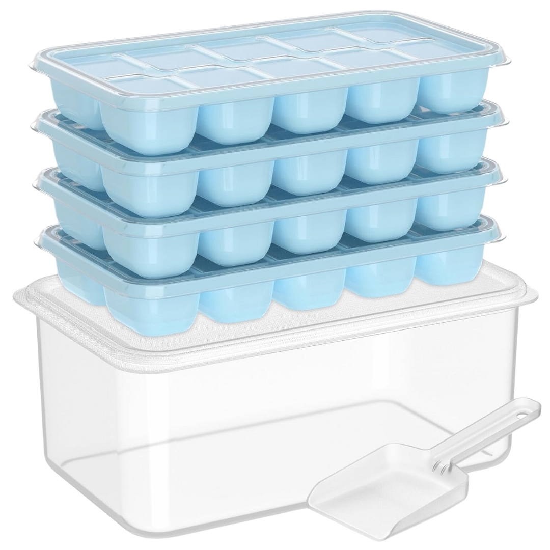 Stackable Silicone Ice Cube Trays with Storage Box – 4 Pieces for Freezer Organization and Cocktails | Sansoti