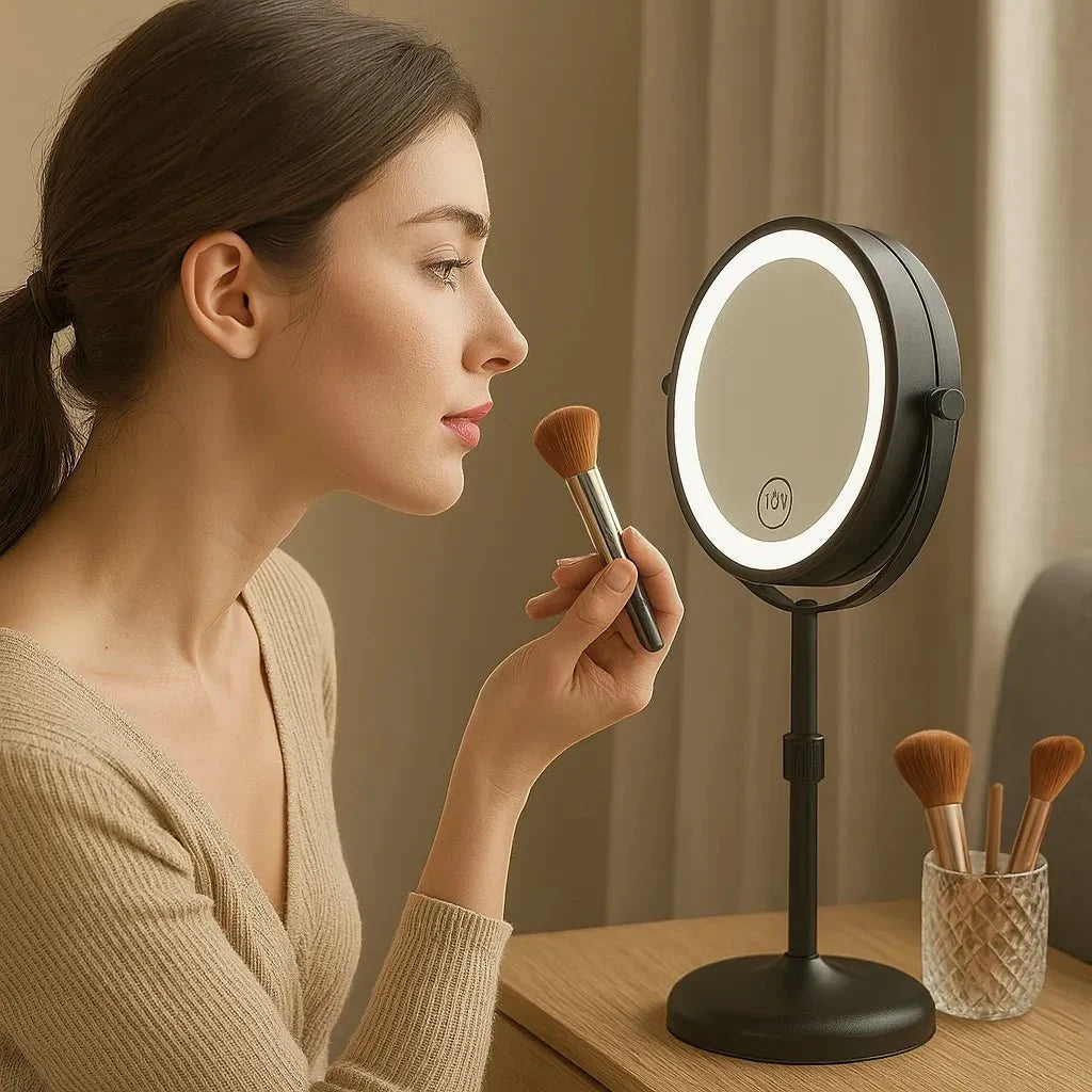 Freestanding LED Makeup Mirror Adjustable 10x Magnification 3 Light Modes Rechargeable 42–50 cm Height Bathroom | Sansoti