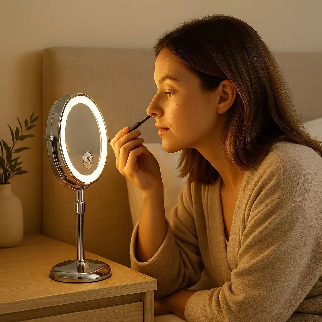 Freestanding LED Makeup Mirror Adjustable 10x Magnification 3 Light Modes Rechargeable 42–50 cm Height Bathroom | Sansoti