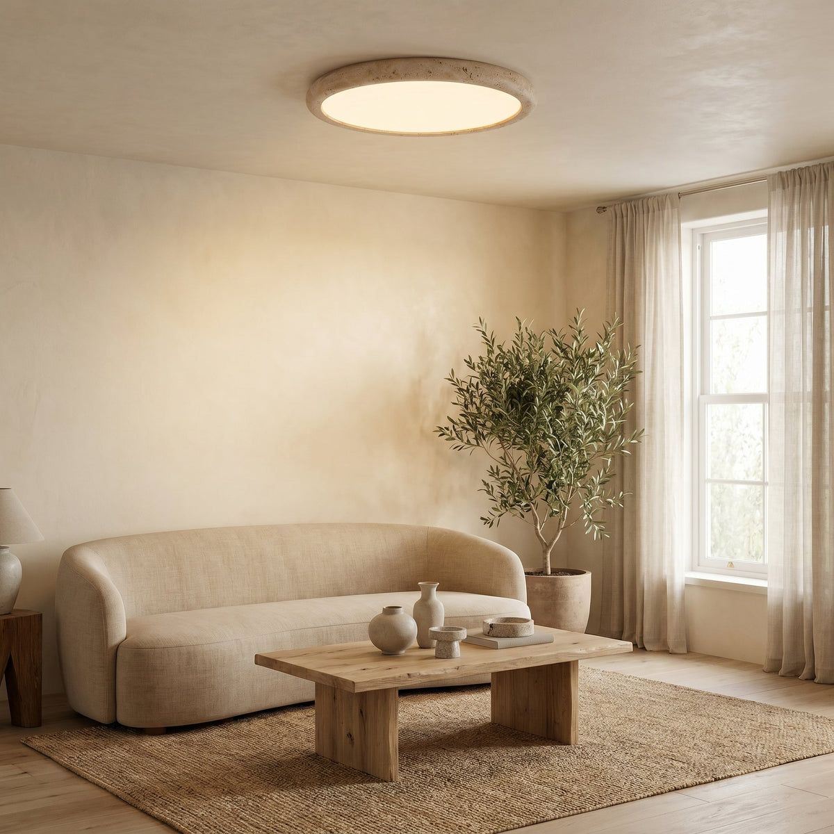 Deckenleuchte aus Travertin-Naturstein, rund, warmes Licht, skandinavisches Design, für Wohnzimmer und Schlafzimmer, 38–58 cm | Sansoti