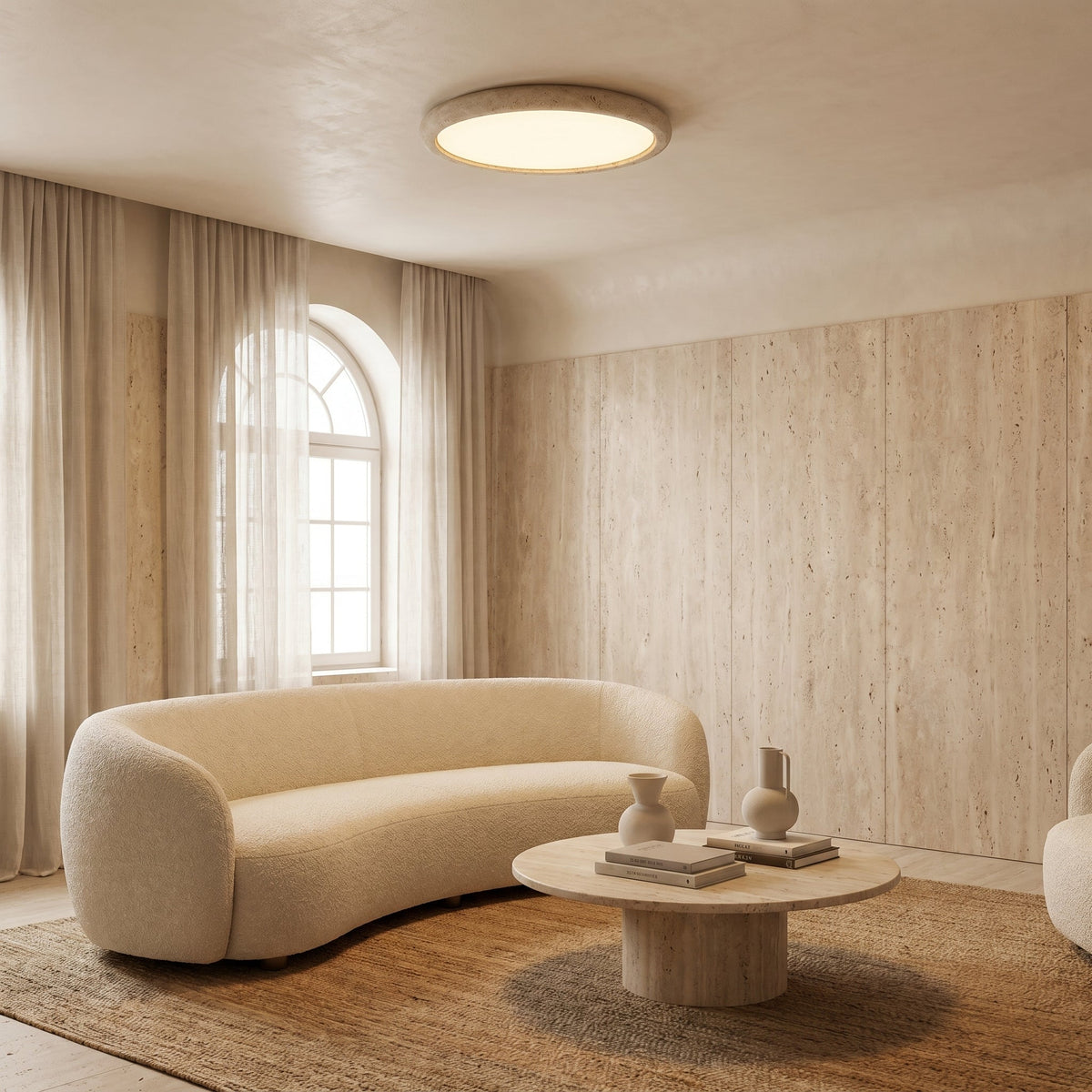 Deckenleuchte aus Travertin-Naturstein, rund, warmes Licht, skandinavisches Design, für Wohnzimmer und Schlafzimmer, 38–58 cm | Sansoti