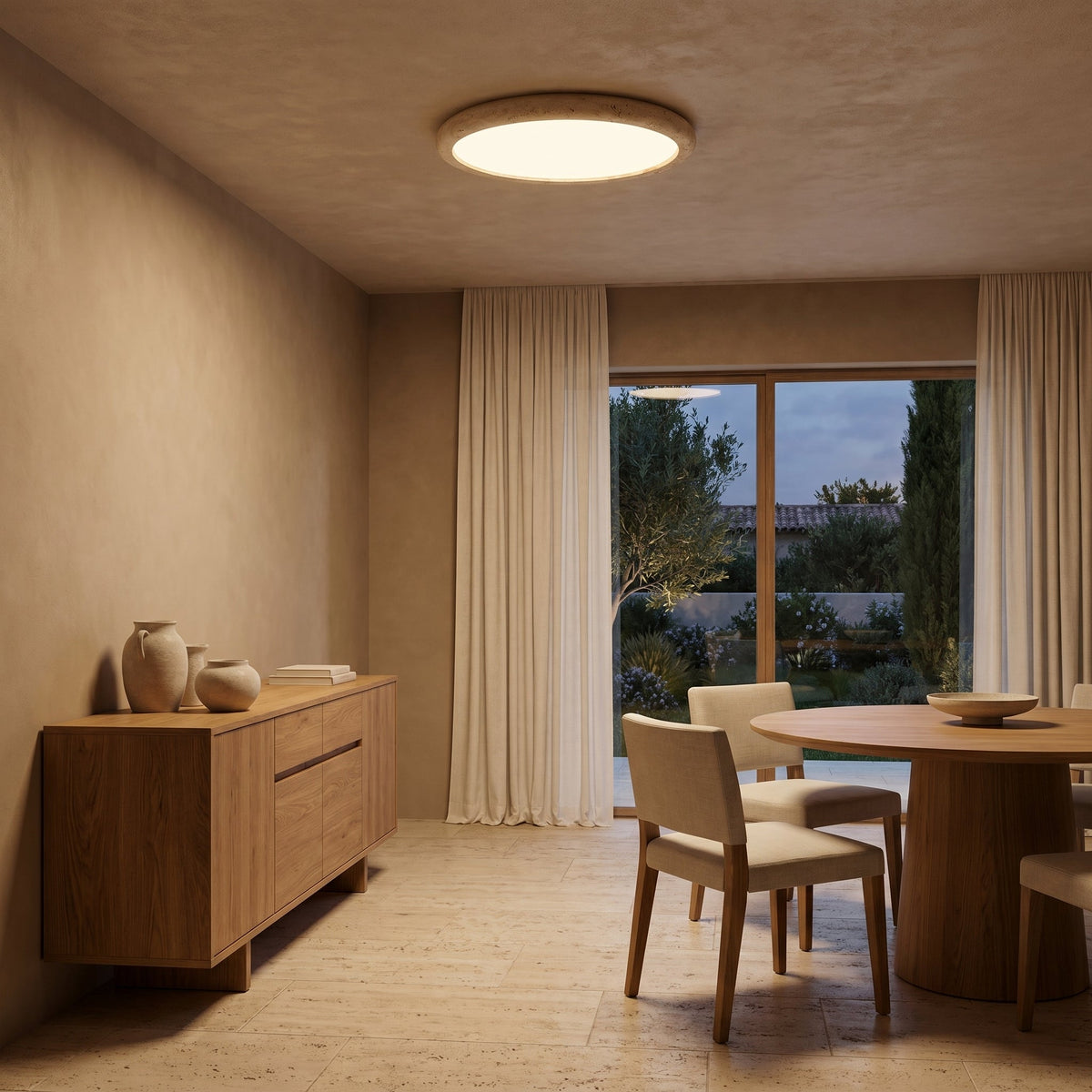 Deckenleuchte aus Travertin-Naturstein, rund, warmes Licht, skandinavisches Design, für Wohnzimmer und Schlafzimmer, 38–58 cm | Sansoti