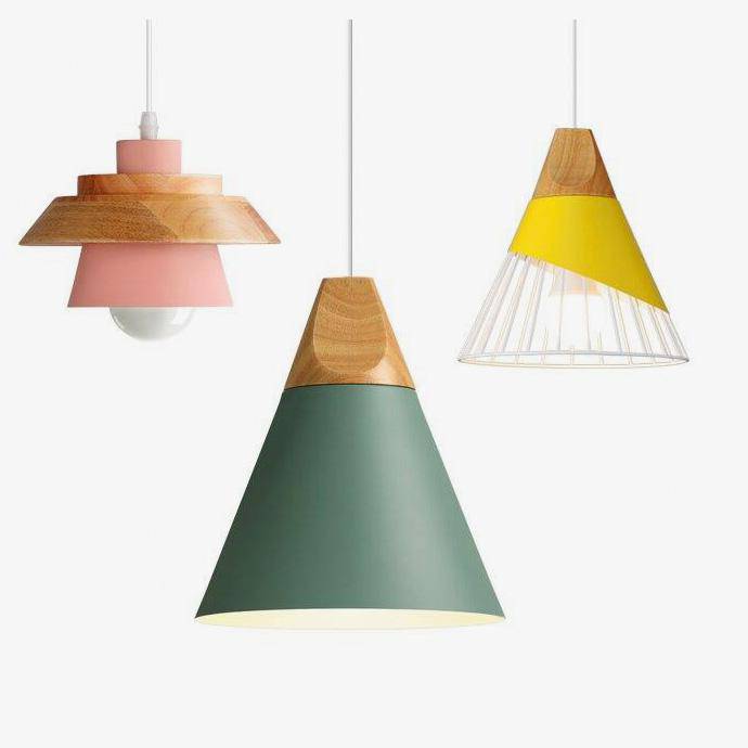 Skandynawska drewniano-metalowa lampa wisząca w stylu nordyckim, z kolorowym aluminiowym kloszem stożkowym lub kopułowym, z regulowanym przewodem | Sansoti