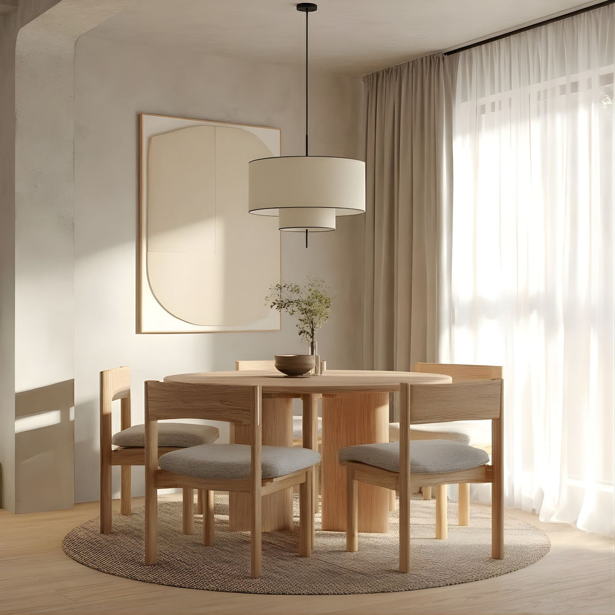 Hängelampe Zylinder Textil Beige Doppelter Schirm Modernes Design | Sansoti