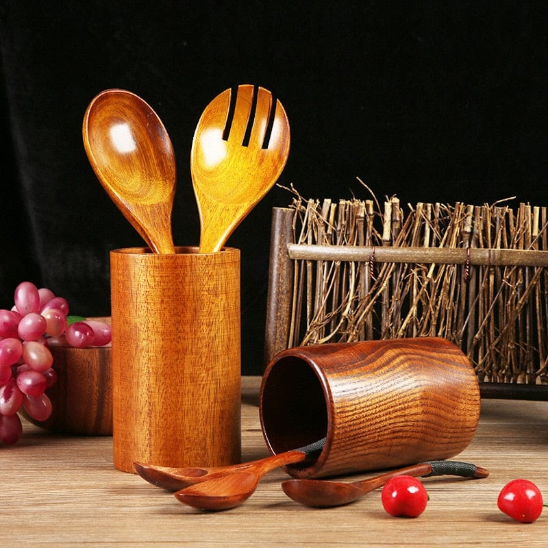 Teak Wooden Kitchen Utensil Holder Standing Cutlery Organizer Natural Wood Storage System Cooking Utensils Kitchen | Sansoti