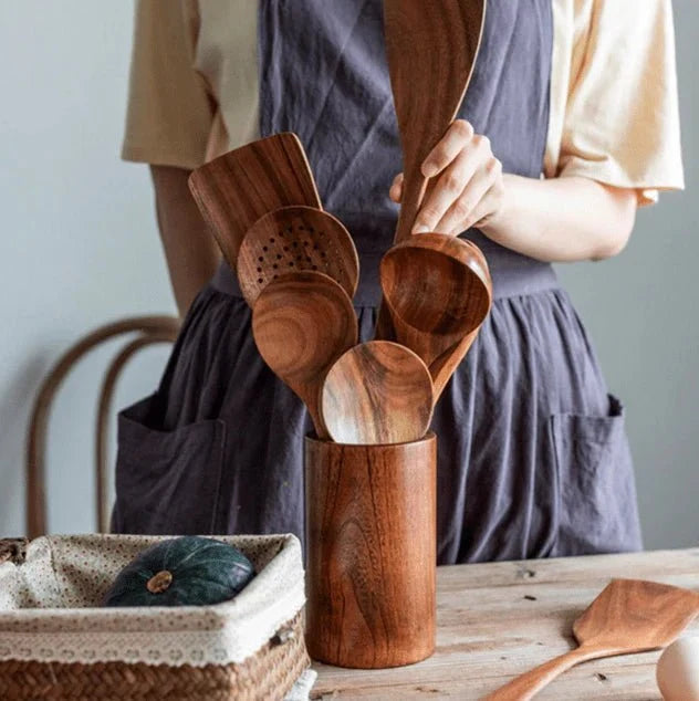 Teak Wooden Kitchen Utensil Holder Standing Cutlery Organizer Natural Wood Storage System Cooking Utensils Kitchen | Sansoti