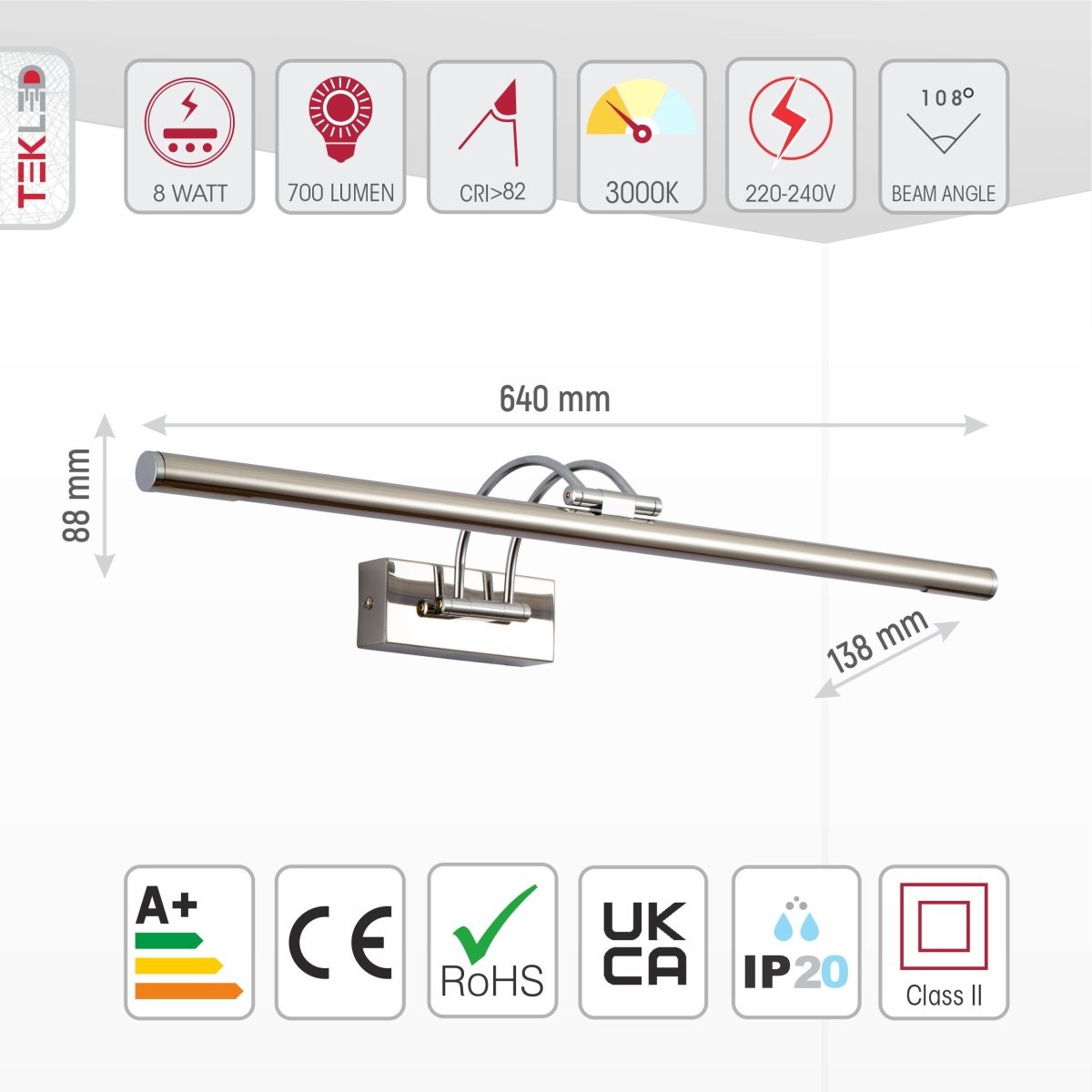 Applique miroir LED blanc chaud 3000K 8W 64cm or nickel laiton chrome lampe tableau lampe murale