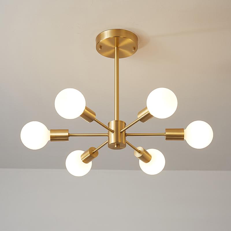 Moderner Sputnik-Kronleuchter mit 6 Armen in Messing – minimalistische Design-Hängeleuchte ohne Glasschirm | Sansoti