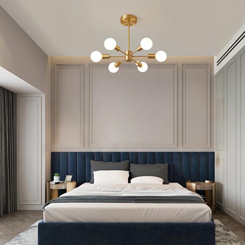 Modern sputnik chandelier with 6 arms in brass – minimalist design pendant lamp without glass shade | Sansoti