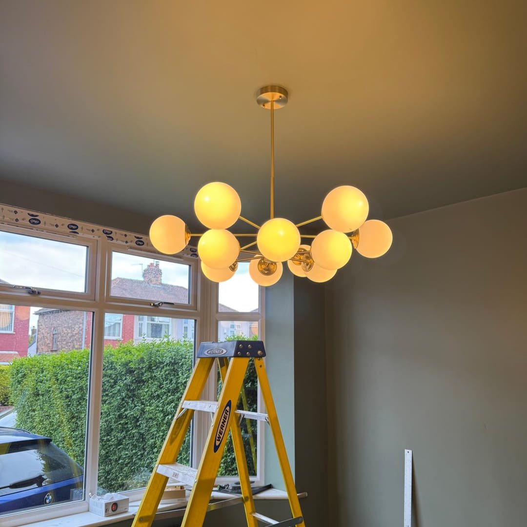 Modern two-tier Sputnik chandelier with 12 opal glass globes in brass finish – mid-century design pendant lamp 90 cm | Sansoti