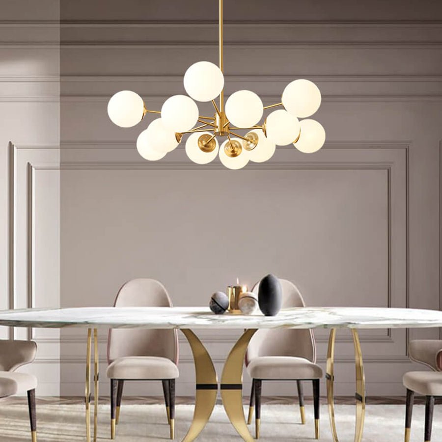 Modern two-tier Sputnik chandelier with 12 opal glass globes in brass finish – mid-century design pendant lamp 90 cm | Sansoti