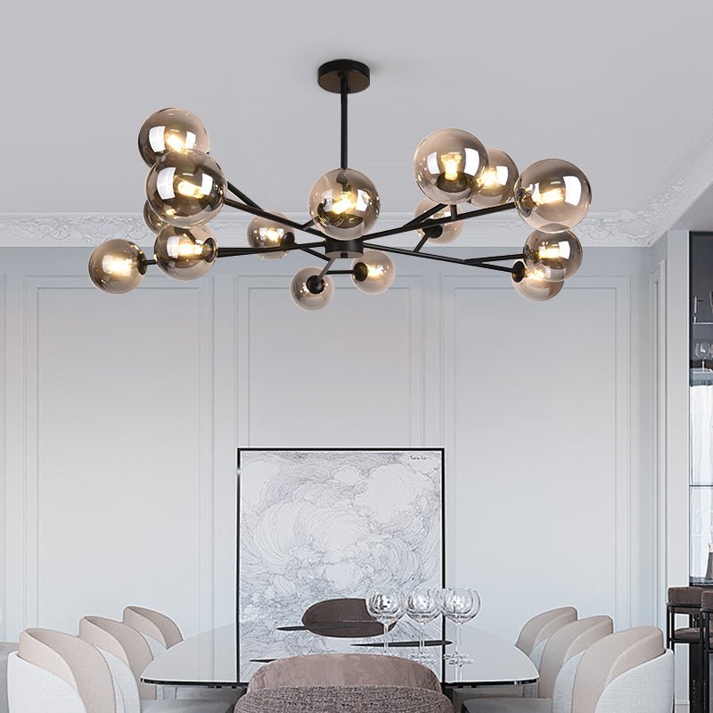 Moderner linearer Sputnik-Kronleuchter mit 15 Glaskugeln in Schwarz oder Messing – Design-Hängelampe 112 cm | Sansoti