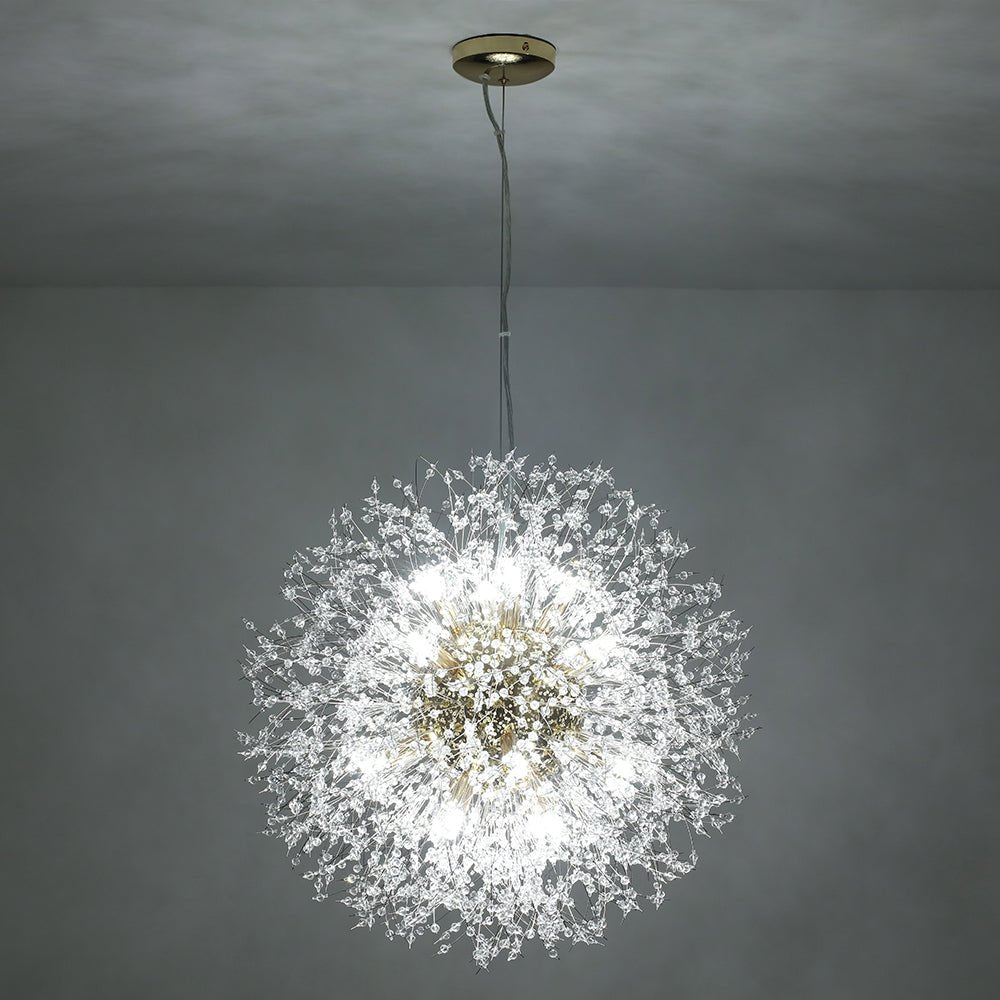 Żyrandol fajerwerk Sputnik, 16-punktowy, kryształowy, mosiężny, 80 cm, salon i przedpokój, z funkcją ściemniania