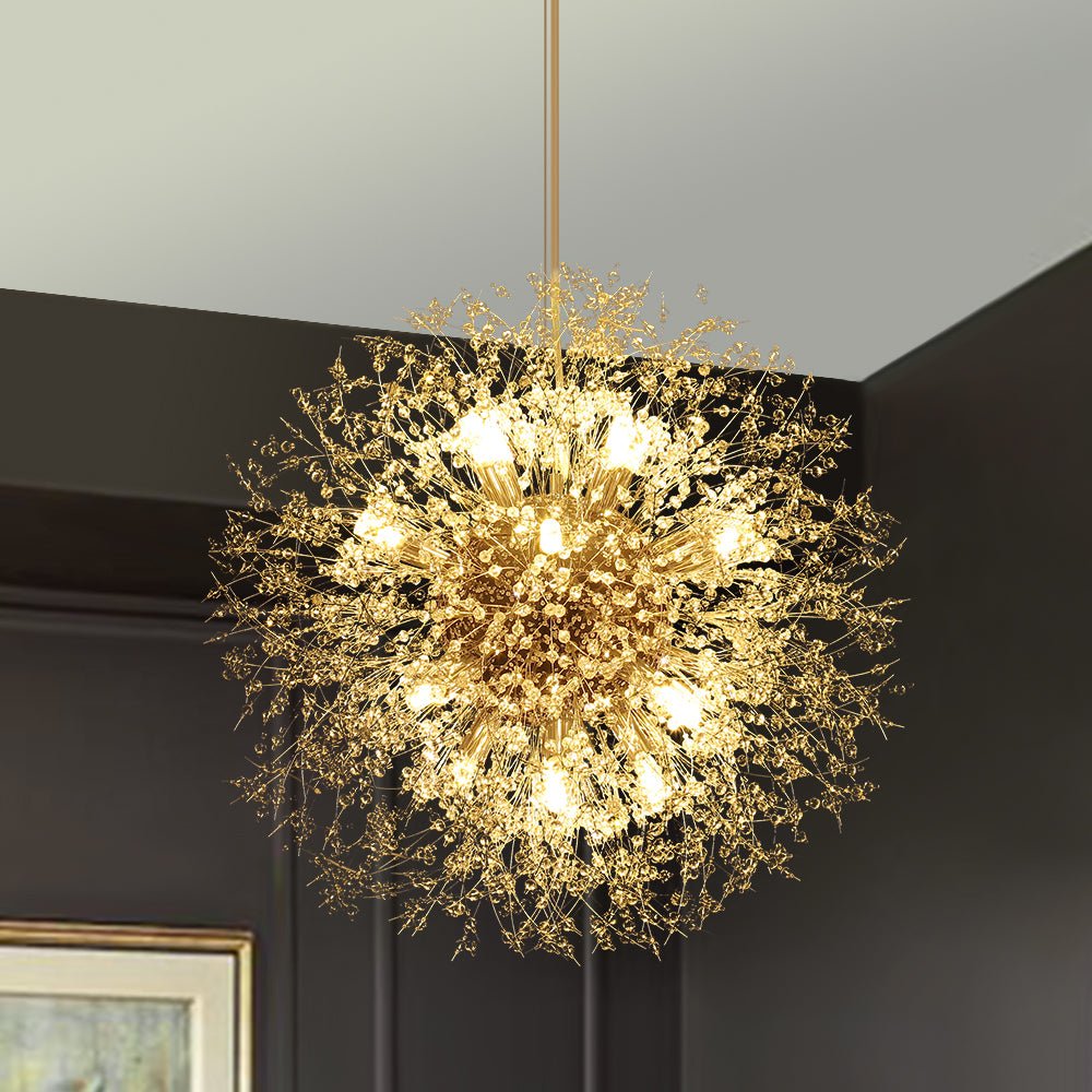 Żyrandol fajerwerk Sputnik, 16-punktowy, kryształowy, mosiężny, 80 cm, salon i przedpokój, z funkcją ściemniania