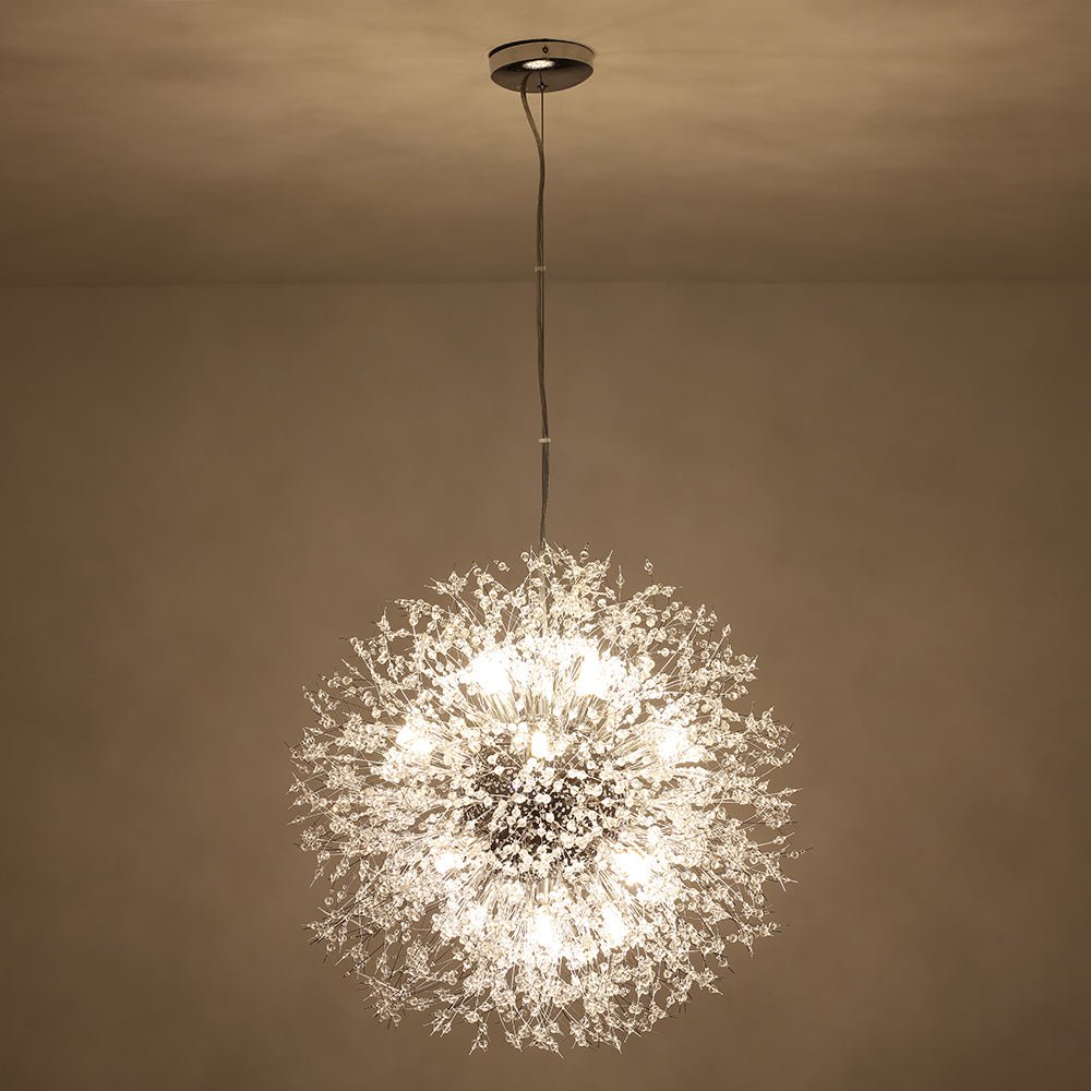 Żyrandol fajerwerk Sputnik, 16-punktowy, kryształowy, mosiężny, 80 cm, salon i przedpokój, z funkcją ściemniania