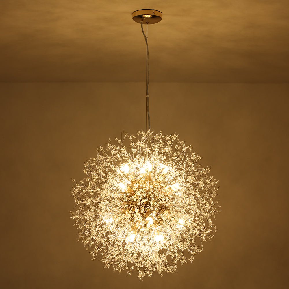 Żyrandol fajerwerk Sputnik, 16-punktowy, kryształowy, mosiężny, 80 cm, salon i przedpokój, z funkcją ściemniania