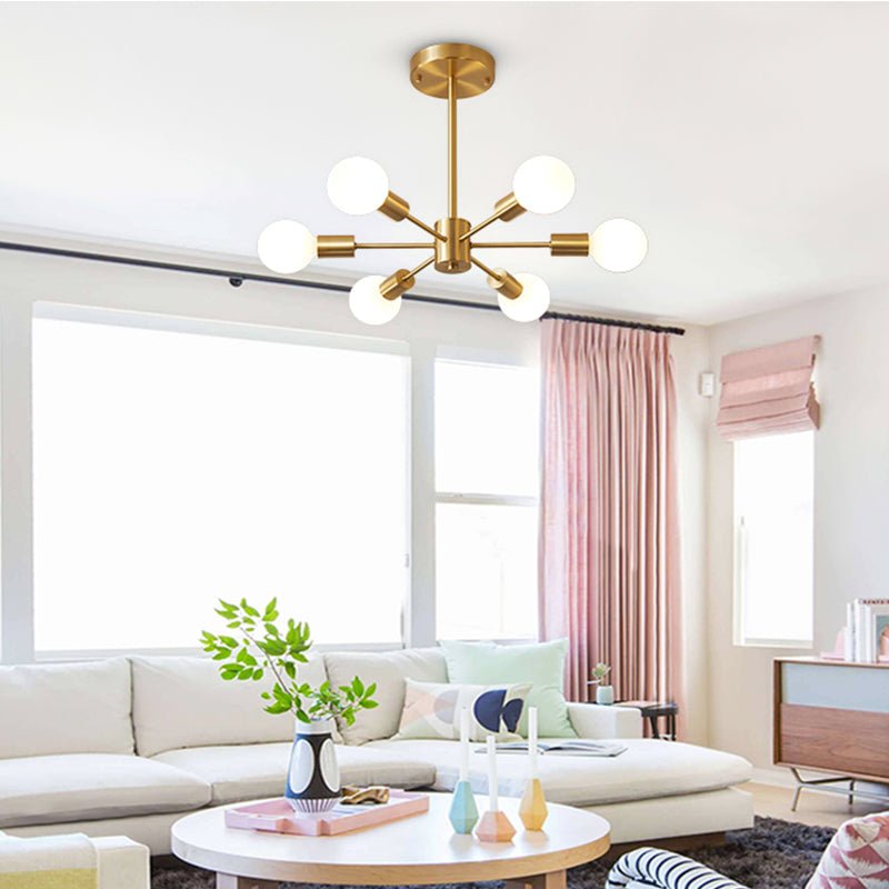 Modern sputnik chandelier with 6 arms in brass – minimalist design pendant lamp without glass shade | Sansoti