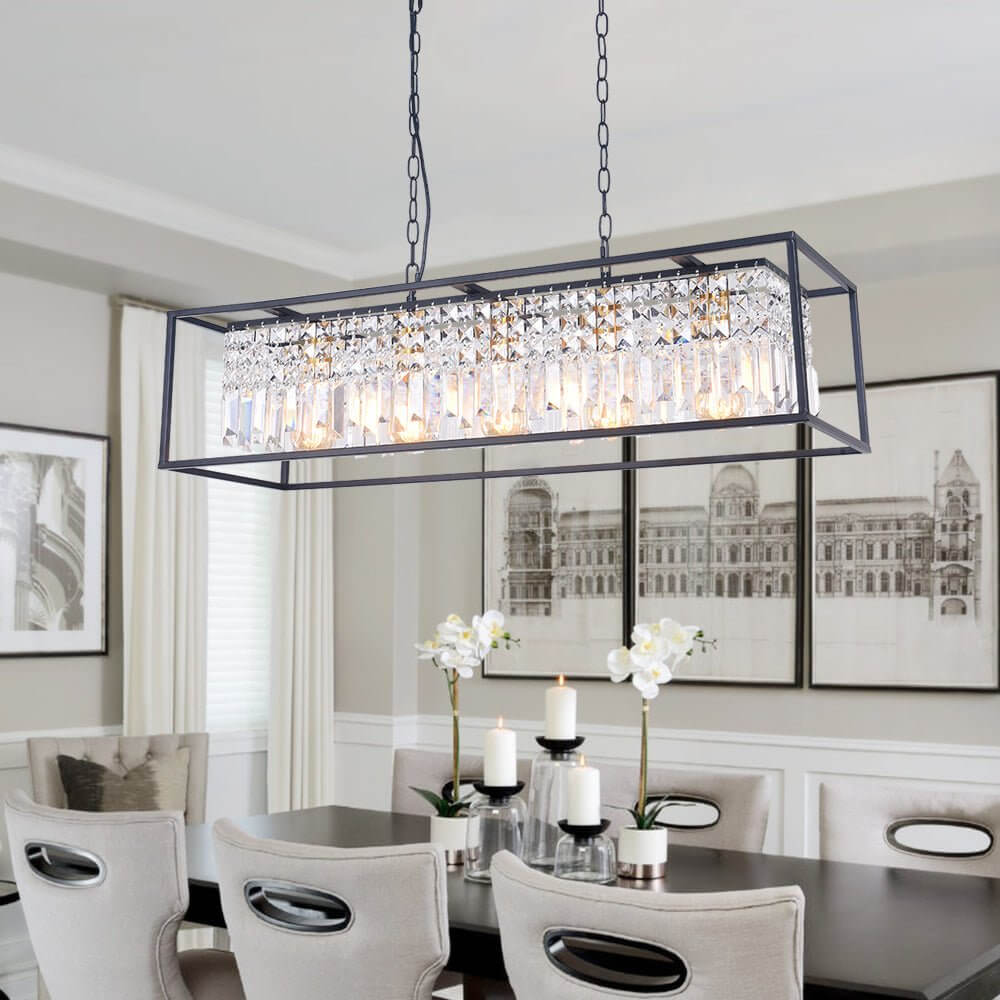 Luxury rectangular crystal pendant lamp black for kitchen island and dining table with 5 light points | Sansoti