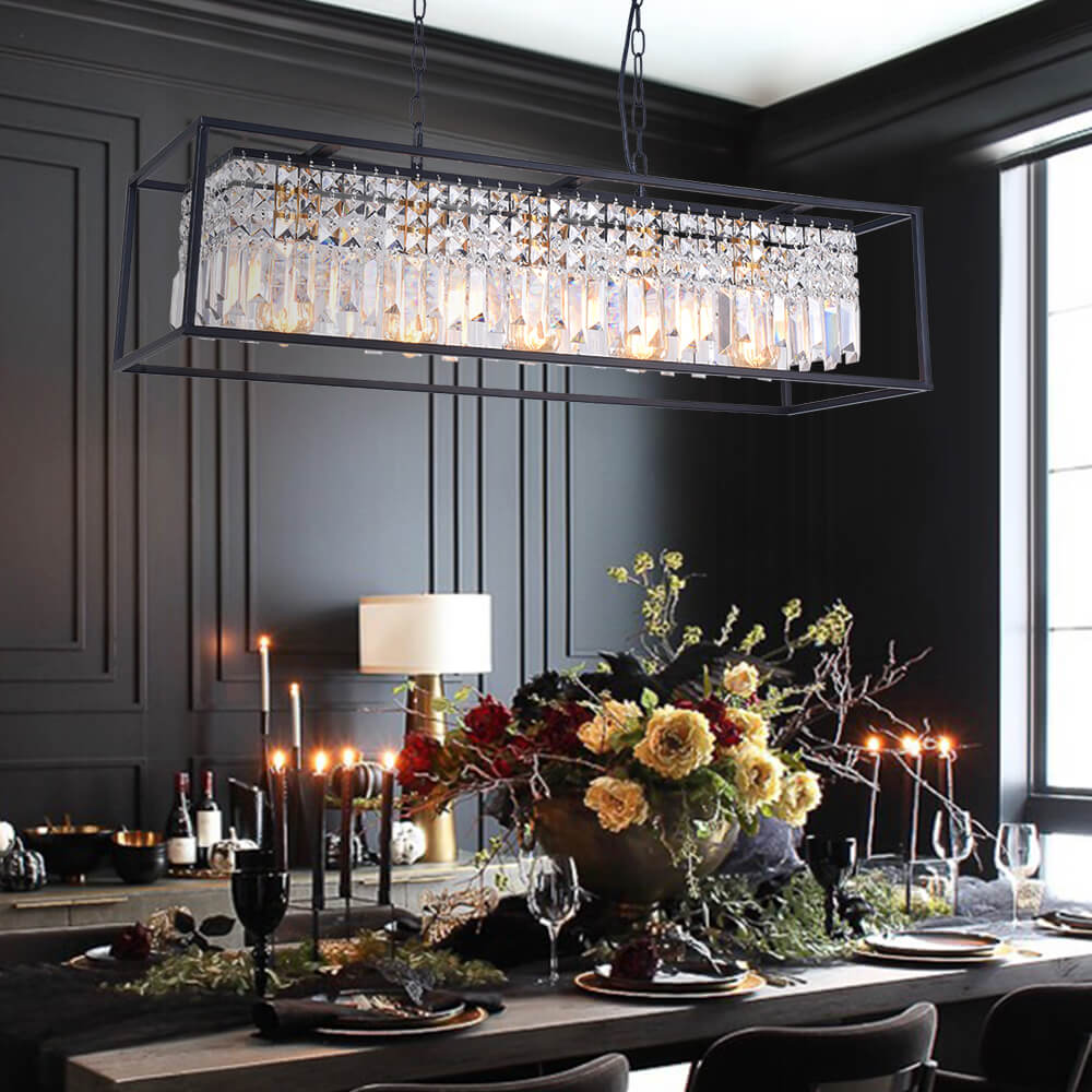 Luxury rectangular crystal pendant lamp black for kitchen island and dining table with 5 light points | Sansoti