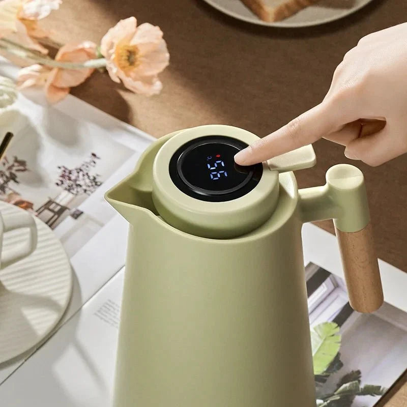 Thermoskanne mit Temperaturanzeige und Holzgriff, 1 l, doppelwandiges Glas, Kaffeekanne, Teekanne, isolierende Vakuumkanne | Sansoti